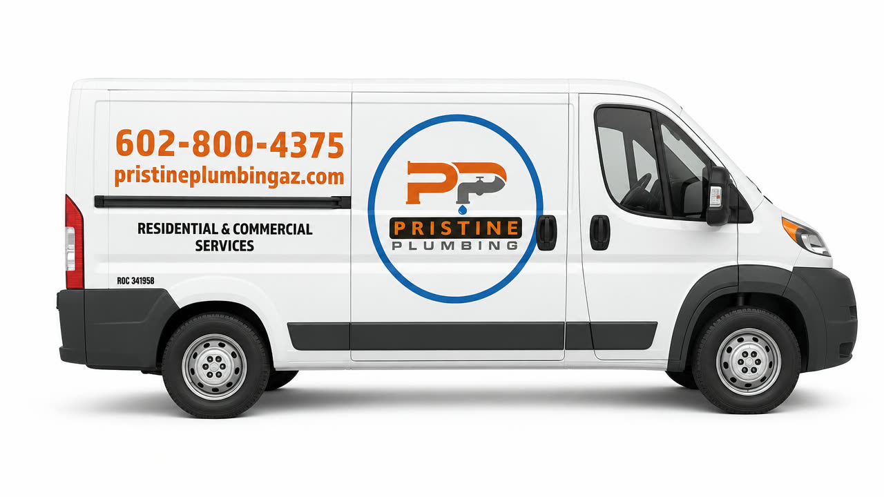 Pristine Plumbing branded service van with company phone number and website on the side