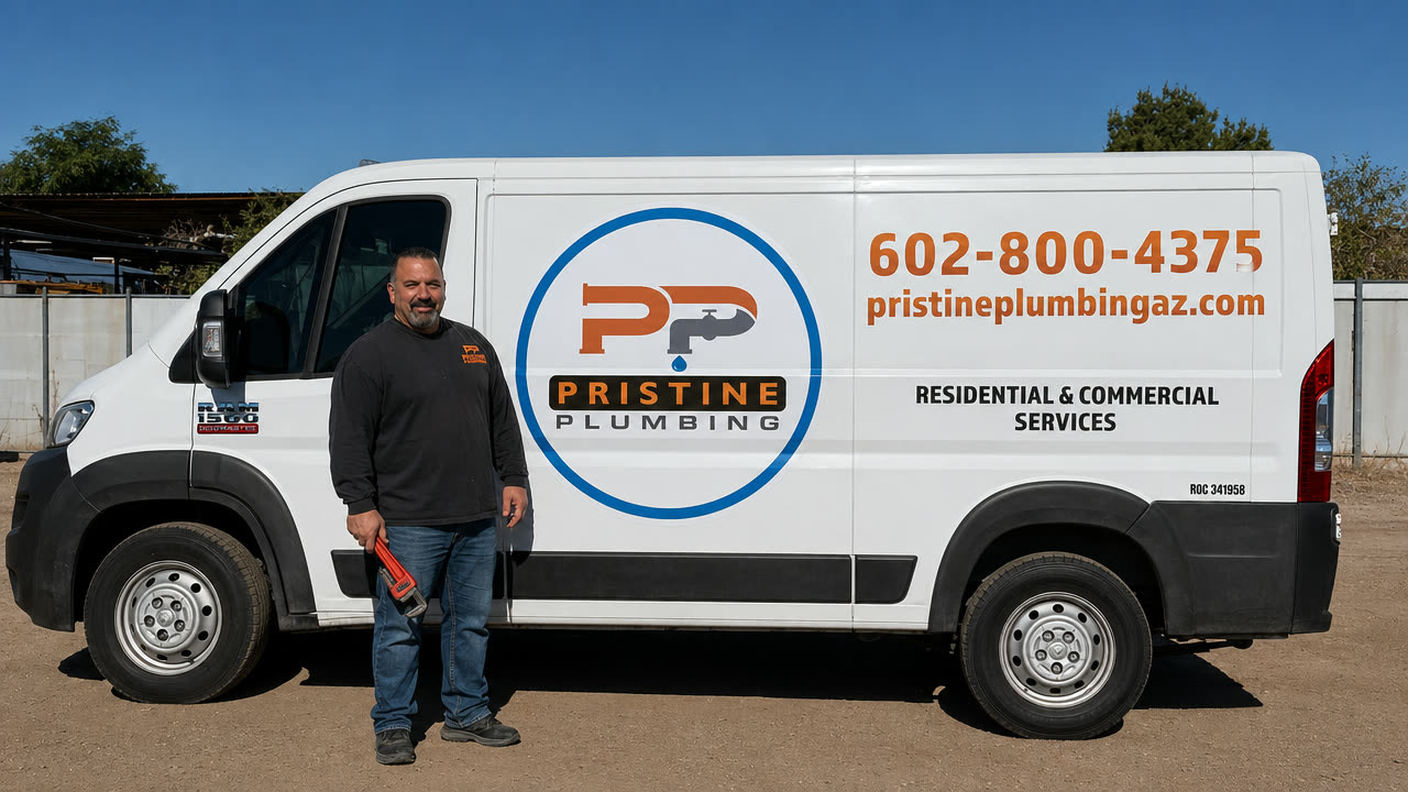 Pristine Plumbing team member standing beside a branded service van